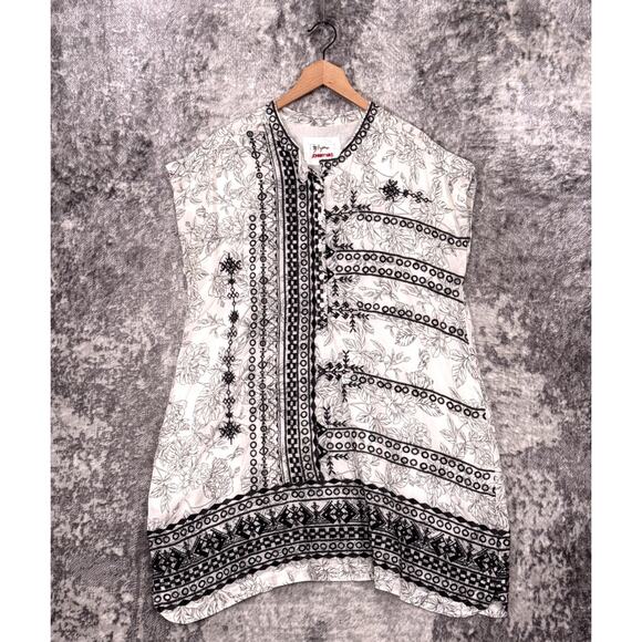 BIYA Johnny Was Dress Medium Womens 100% Silk Black & White Embroidered Tunic - Picture 1 of 7